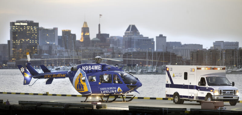 The Johns Hopkins Hospital has access to helicopters, ambulances, and airplanes strategically positioned throughout the region to transport patients.