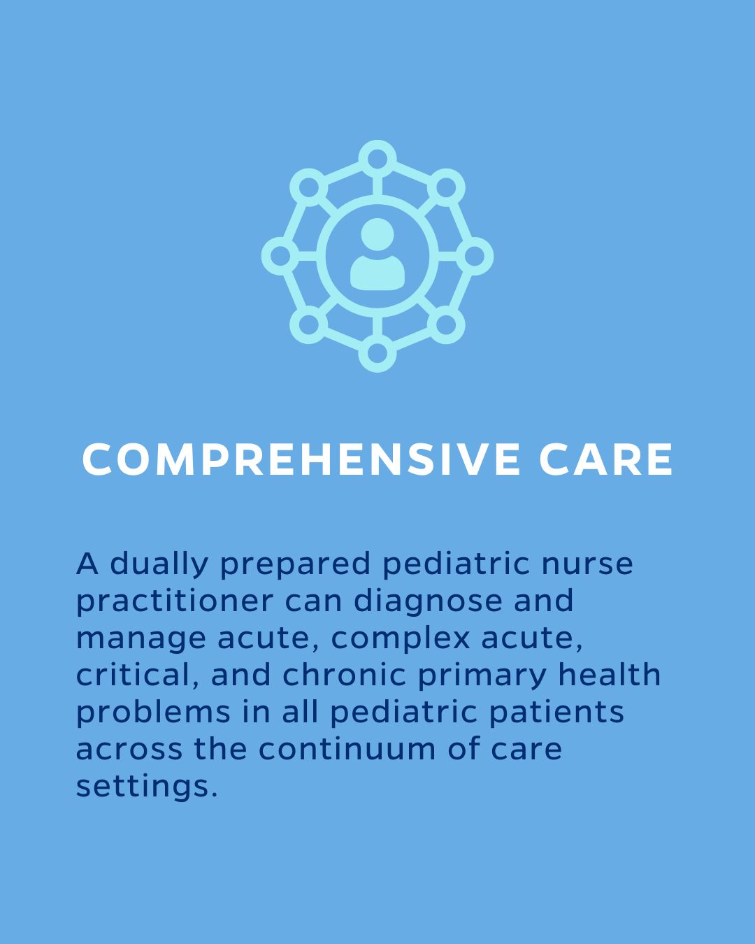 COMPREHENSIVE CARE
A dually prepared pediatric nurse practitioner can diagnose and manage acute, complex acute, critical, and chronic primary health problems in all pediatric patients across the continuum of care settings.
