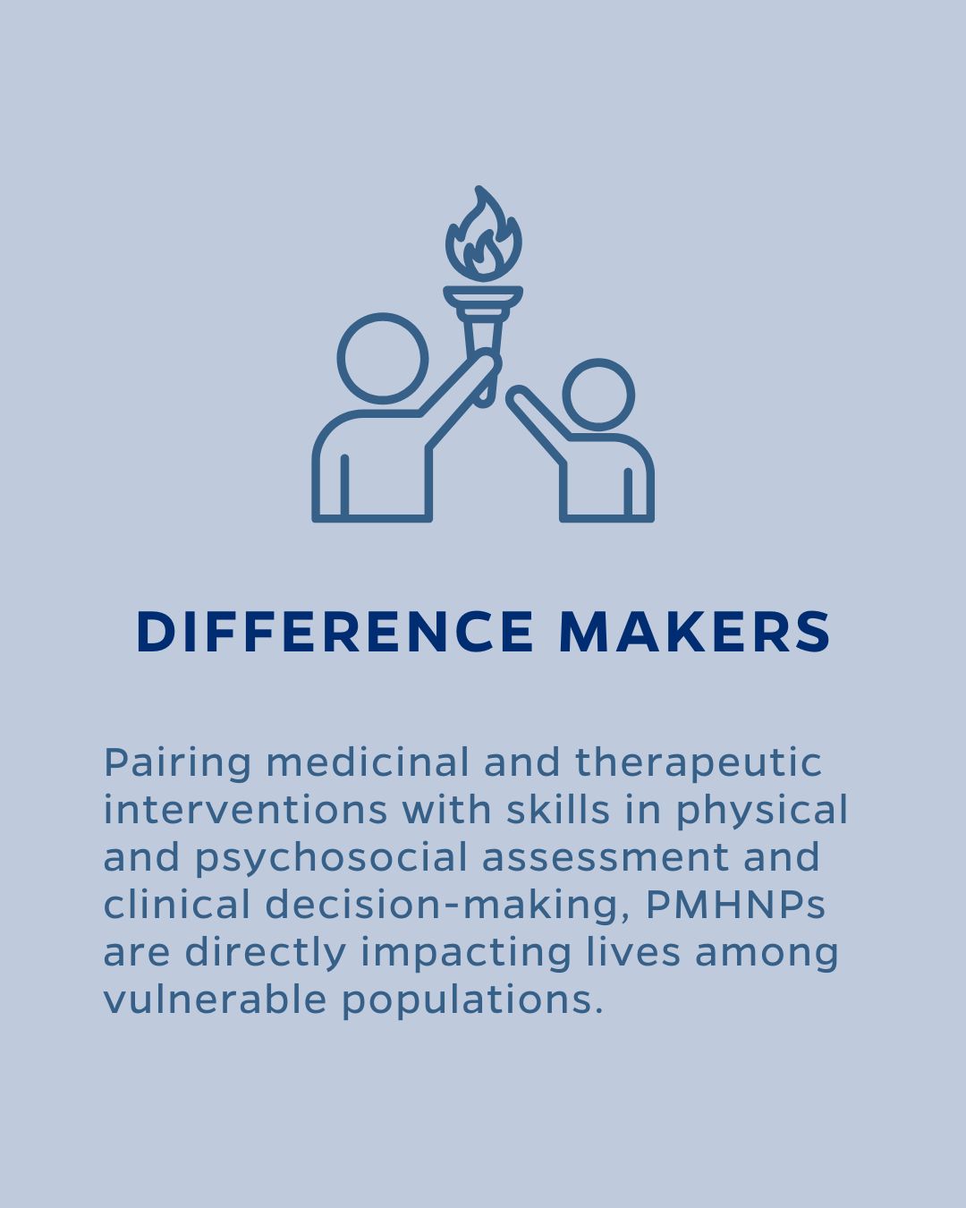 DIFFERENCE MAKERS
Pairing medicinal and therapeutic interventions with skills in physical and psychosocial assessment and clinical decision-making, PMHNPs are directly impacting lives among vulnerable populations.
