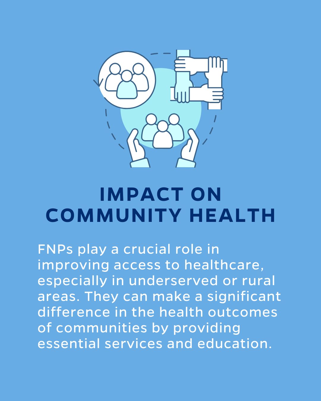 IMPACT ON COMMUNITY HEALTH
FNPs play a crucial role in improving access to healthcare, especially in underserved or rural areas. They can make a significant difference in the health outcomes of communities by providing essential services and education.
