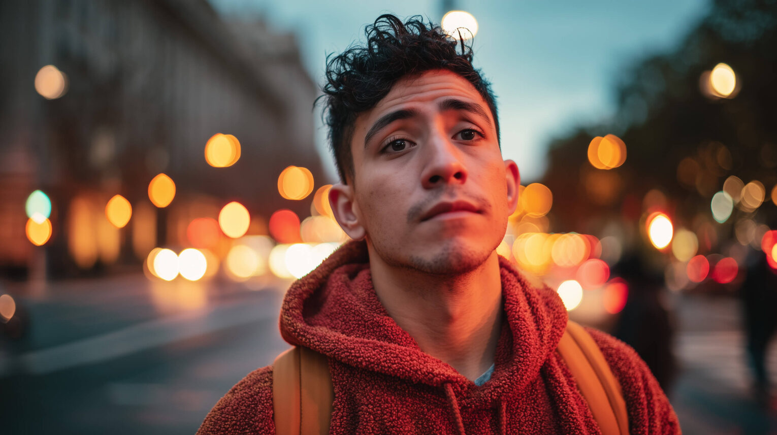 Young man with short curly hair and a serious expression, wearing a red fleece hoodie and a backpack, standing on a city street at dusk with blurred, colorful bokeh lights in the background.