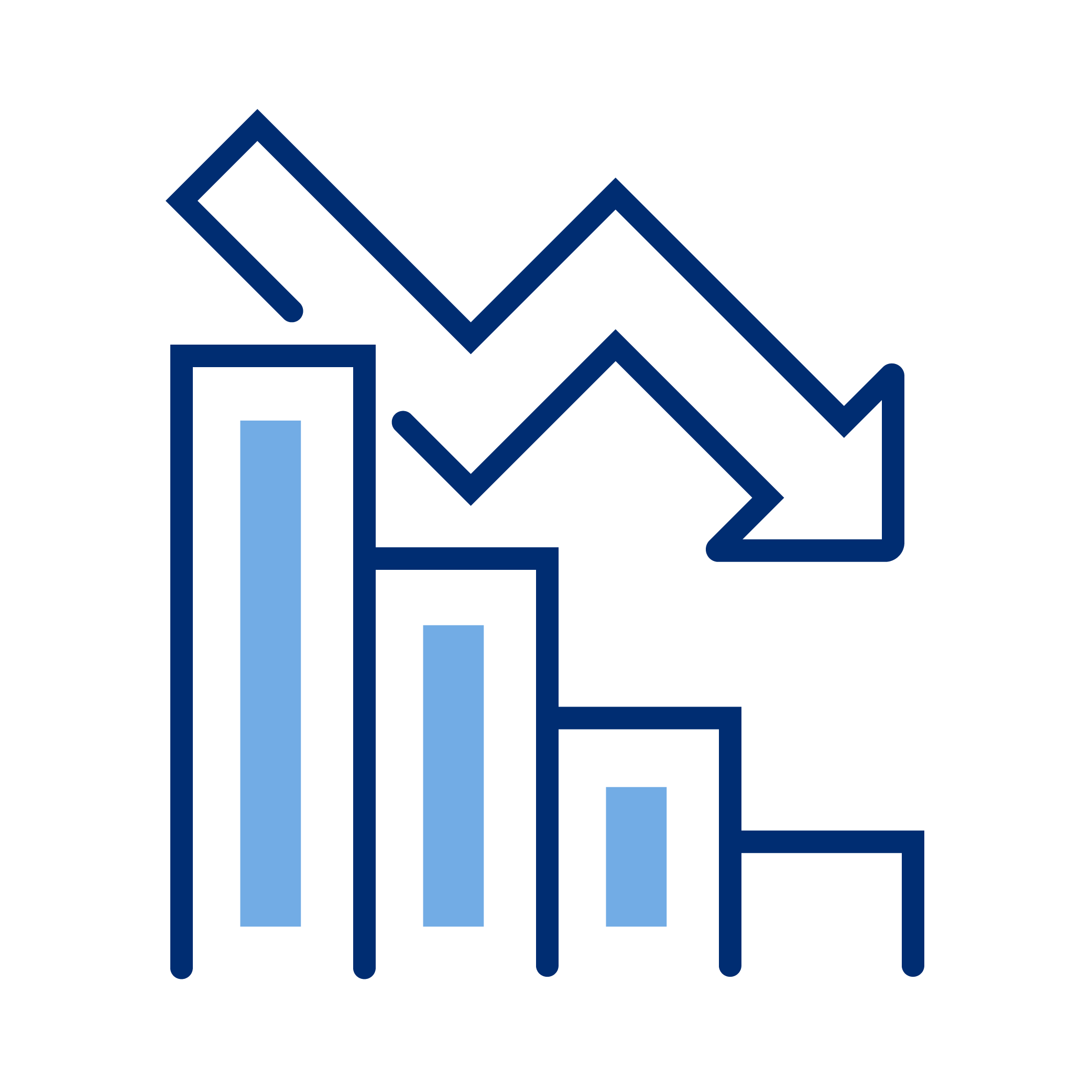 Icon of a declining bar graph with three vertical bars and a downward arrow, indicating a decrease in values.