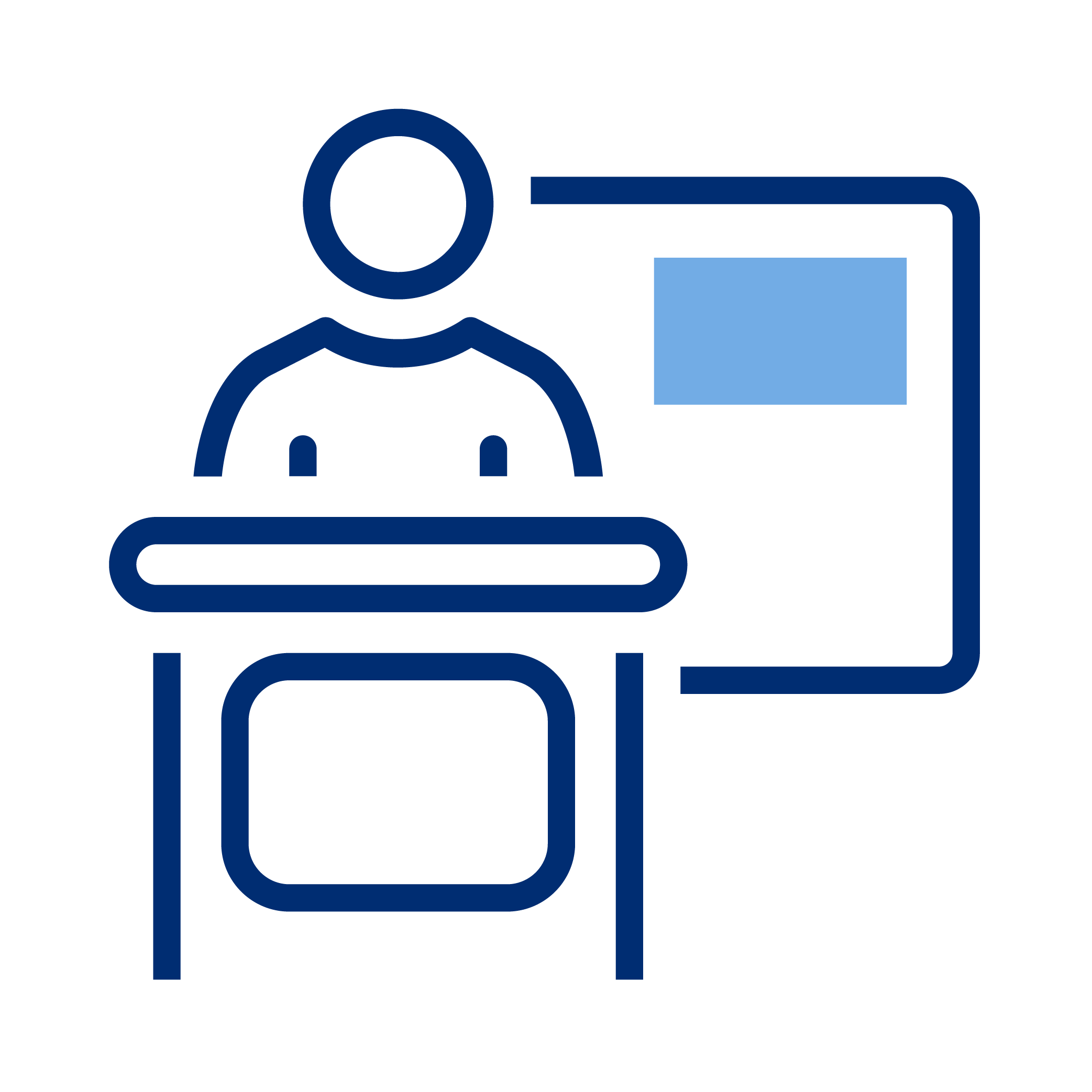 Icon of a teacher at a podium with a presentation board, symbolizing an educational lesson or classroom setting.