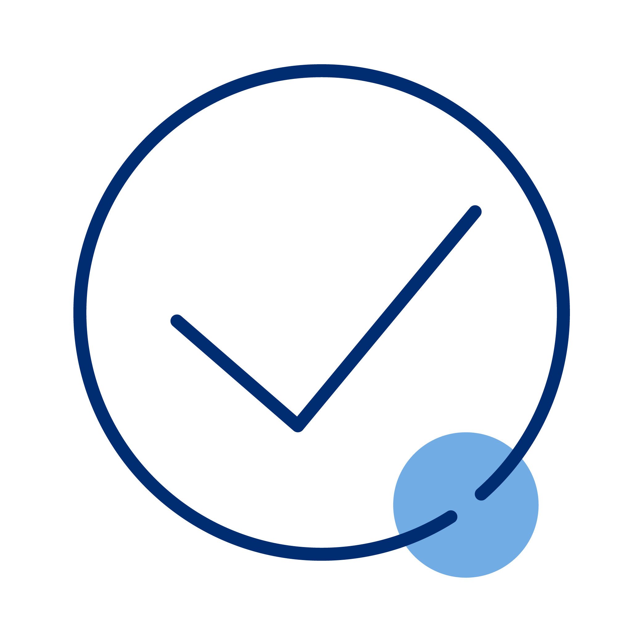 Icon of a circular checkmark with a small blue dot, symbolizing approval or completion.