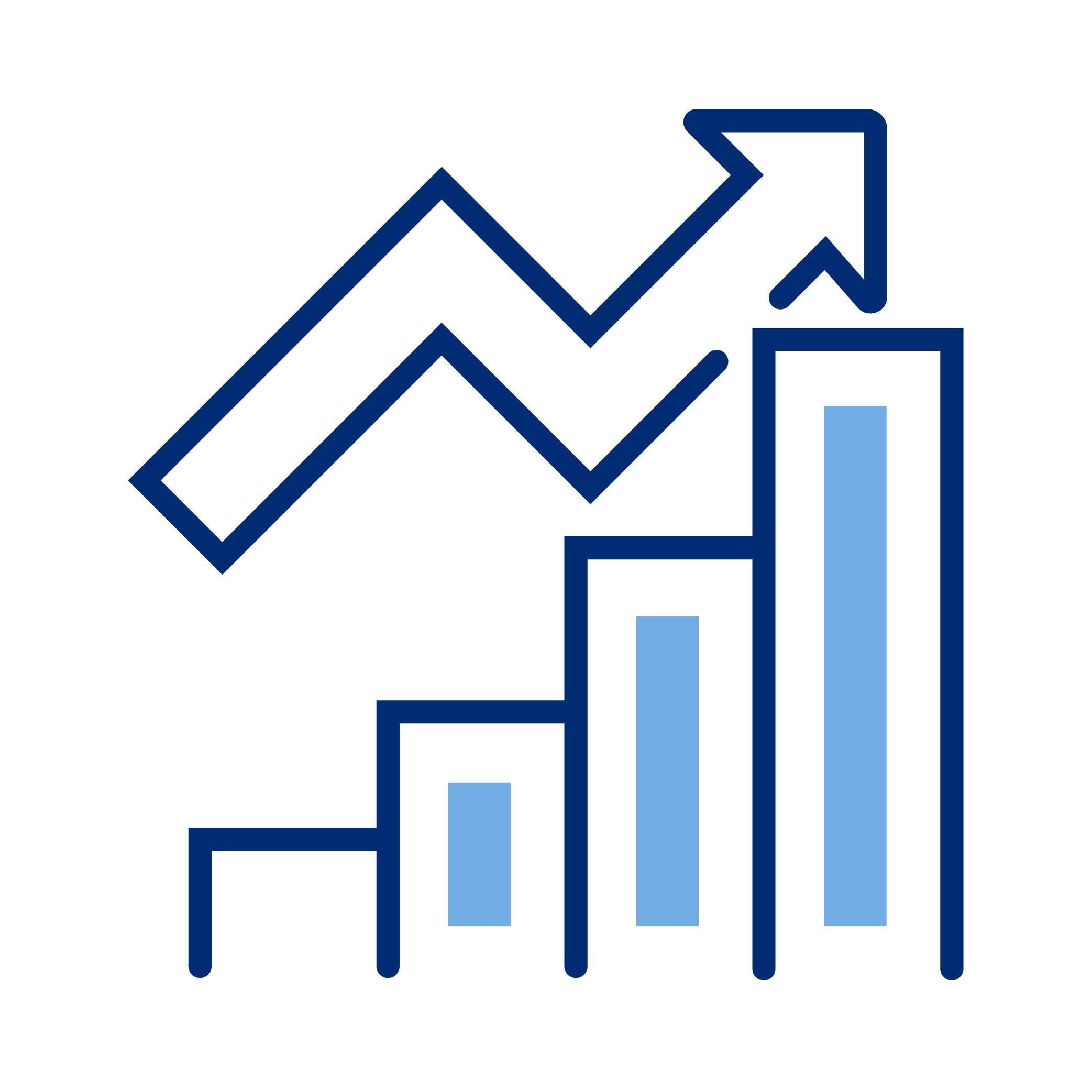 Icon of an increasing bar graph with an upward arrow, symbolizing growth, improvement, or success in data trends.