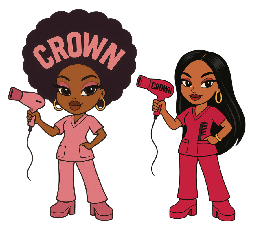 Dos mujeres ilustradas con atuendos rosas y sosteniendo secadores de cabello con la etiqueta CROWN, representando a las estilistas.