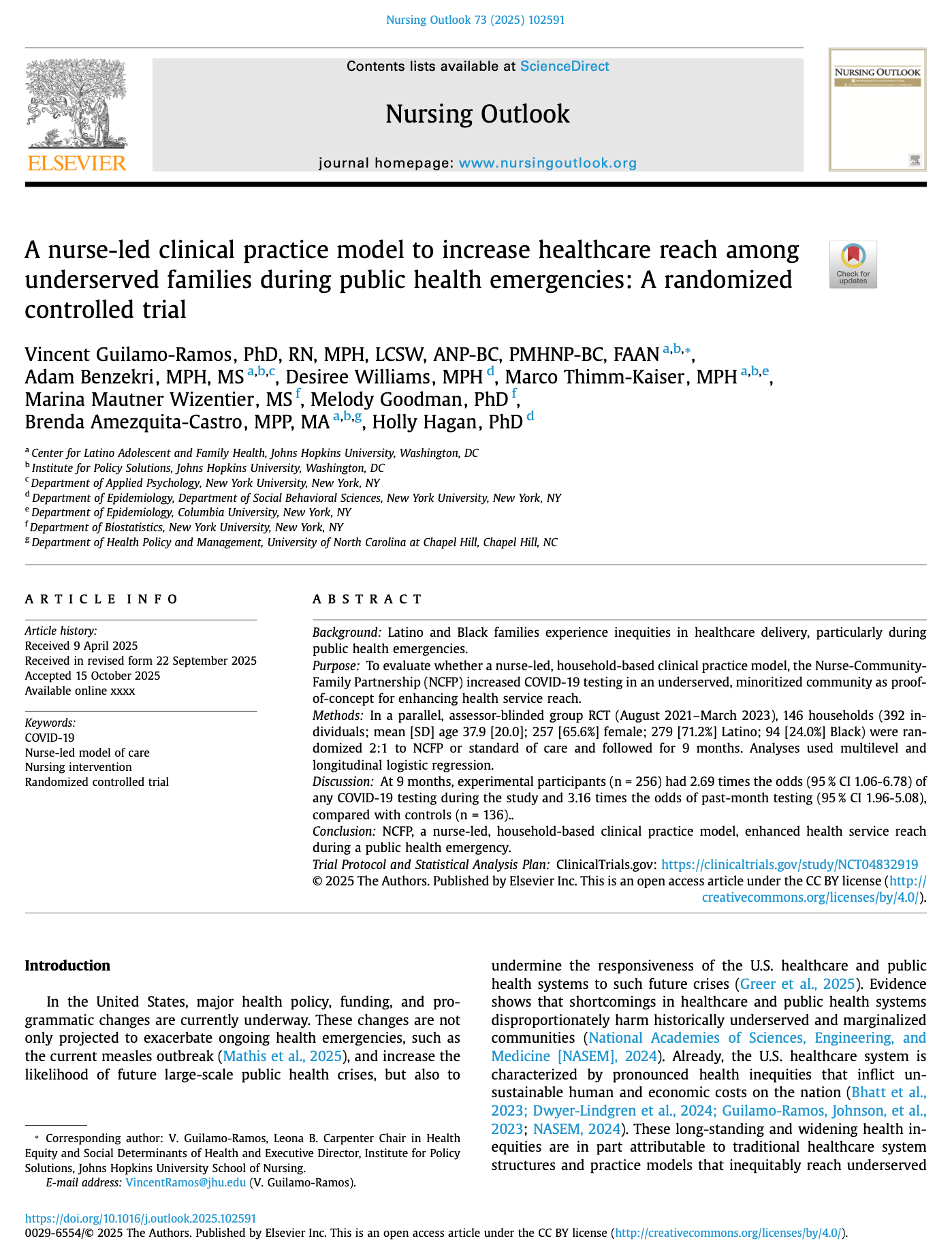 A nurse-led clinical practice model to increase healthcare reach among underserved families during public health emergencies: A randomized controlled trial