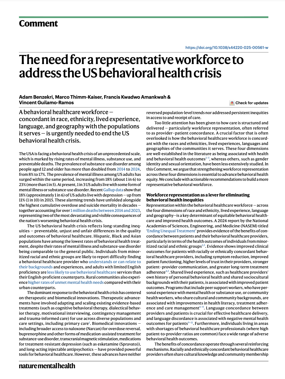 Representative Workforce Needed to Address the U.S. Behavioral Health Crisis